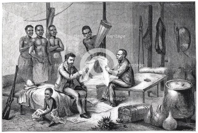 Livingstone and Stanley receiving newspapers in Central Africa, 1871-1873. Artist: Pearson