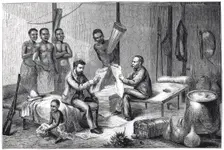 Livingstone and Stanley receiving newspapers in Central Africa, 1871-1873. Creator: Pearson