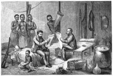 Livingstone and Stanley receiving newspapers in Central Africa, 1871-1873. Artist: Pearson