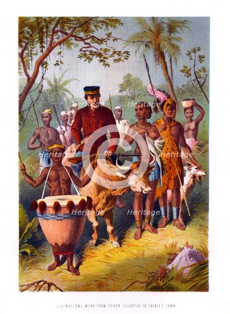 'Livingstone Weak From Fever Escorted to Shinte's Town', 19th century. Artist: Unknown