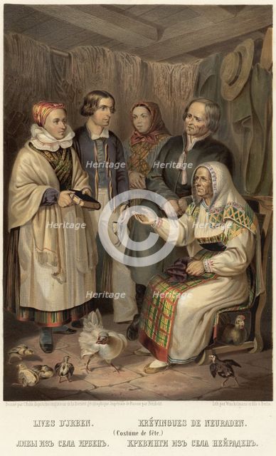 Livonians from the village of Irbene. Crevings from the village of Neiraden, 1862. Creator: Karlis Huns.