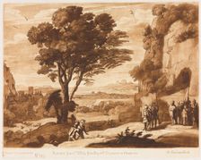 Liber Veritatis: No. 145, A Landscape, with Figures, Simon brought before Priam, 1776. Creator: Richard Earlom (British, 1743-1822); John Boydell