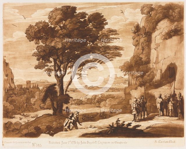 Liber Veritatis: No. 145, A Landscape, with Figures, Simon brought before Priam, 1776. Creator: Richard Earlom (British, 1743-1822); John Boydell.