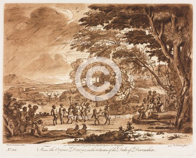 Liber Veritatis: No. 108, Landscape with Satyrs and Nymphs Dancing, 1775. Creator: Richard Earlom (British, 1743-1822); John Boydell.