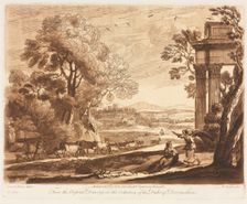 Liber Veritatis: No. 133, A Landscape, with Cattle, and the Angel Comforting Hagar, 1776. Creator: Richard Earlom (British, 1743-1822); John Boydell