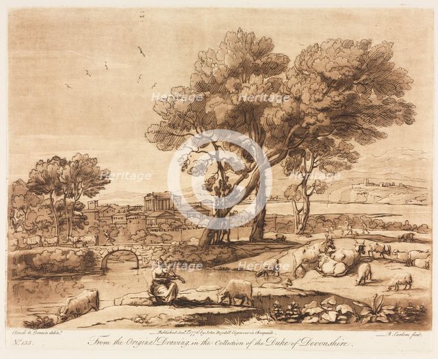 Liber Veritatis: No. 135, A Landscape, with Buildings, Mercury Stealing Admetuss Cattle..., 1776. Creator: Richard Earlom (British, 1743-1822); John Boydell.