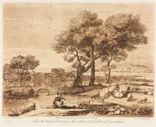 Liber Veritatis: No. 135, A Landscape, with Buildings, Mercury Stealing Admetuss Cattle..., 1776. Creator: Richard Earlom (British, 1743-1822); John Boydell