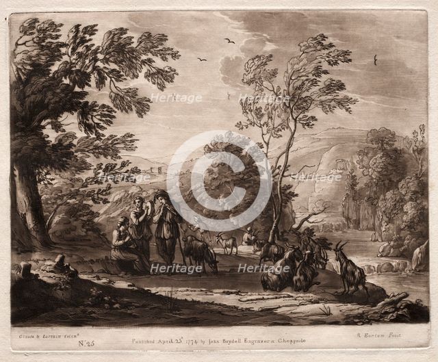 Liber Veritatis: No. 25, A Mountainous and Wooded Landscape with Shepherds..., 1774. Creator: Richard Earlom (British, 1743-1822).