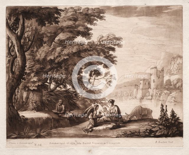 Liber Veritatis: No. 38, The Repose of the Holy Family along a River, 1774. Creator: Richard Earlom (British, 1743-1822).