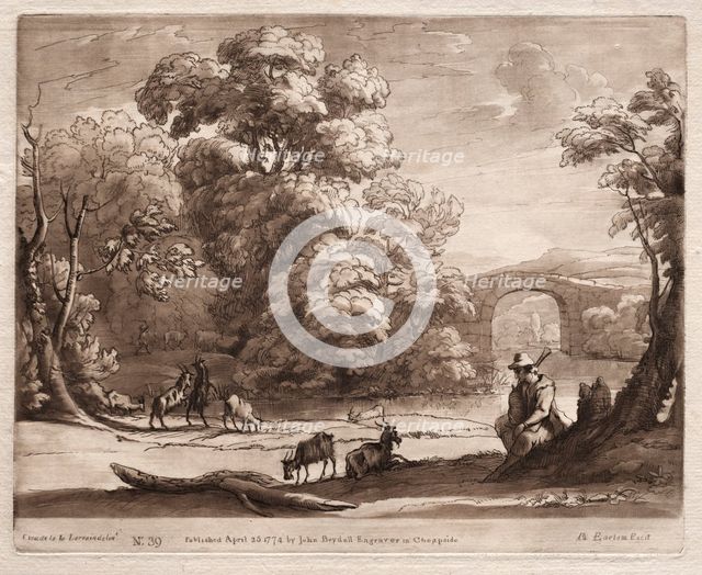 Liber Veritatis: No. 39, A Landscape with Herdsman Playing a Bagpipe and Goats Browsing, 1774. Creator: Richard Earlom (British, 1743-1822).