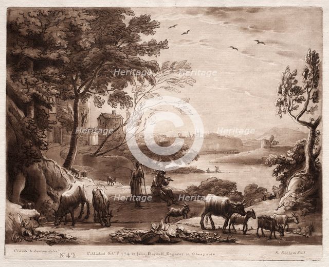 Liber Veritatis: No. 42, A River Landscape with a Shepherd and Shepherdess..., 1774. Creator: Richard Earlom (British, 1743-1822).