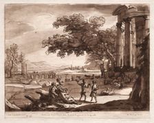 Liber Veritatis: No. 55, A Landscape with a Temple and a Nymph and Satyr Dancing, 1774. Creator: Richard Earlom (British, 1743-1822)