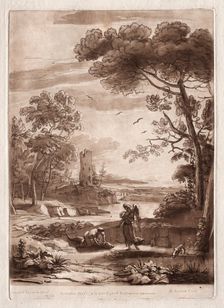 Liber Veritatis: No. 50, A River Scene with Tobias and the Angel, 1774. Creator: Richard Earlom (British, 1743-1822)