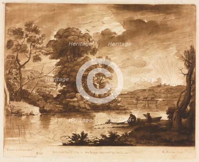 Liber Veritatis: No. 68, A Landscape at Sunset with Fishermen Drawing a Net, 1774. Creator: Richard Earlom (British, 1743-1822); John Boydell.