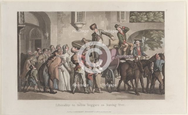 Liberality to infirm beggars on leaving Yrvi, from "Journal of Sentimental Travels in the ..., 1821. Creator: Thomas Rowlandson.
