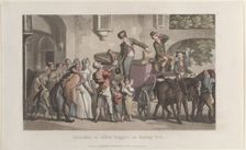 Liberality to infirm beggars on leaving Yrvi, from "Journal of Sentimental Travels in the ..., 1821. Creator: Thomas Rowlandson