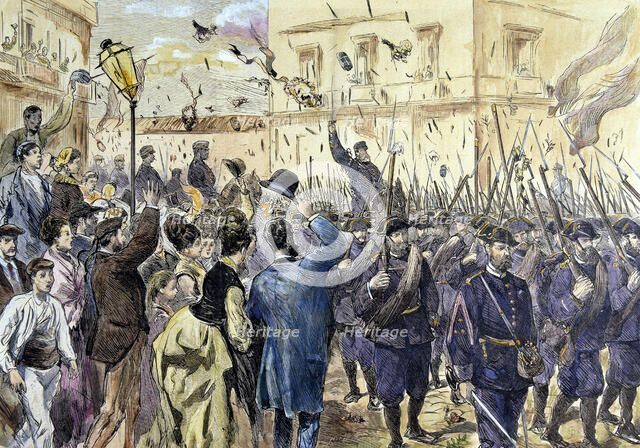Liberation of Bilbao during the Third Carlist War in 1874, colored engraving in 'La Ilustración E…