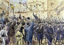 Liberation of Bilbao during the Third Carlist War in 1874, colored engraving in La Ilustración E…