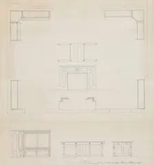 Library for R.A. McCurdy, Morris Plaines, New Jersey, Elevations of Mantel and Furniture, c. 1869. Creator: Peter Bonnett Wight