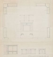 Library for R.A. McCurdy, Morris Plaines, New Jersey, Elevations of Mantel and Furniture, c. 1869. Creator: Peter Bonnett Wight