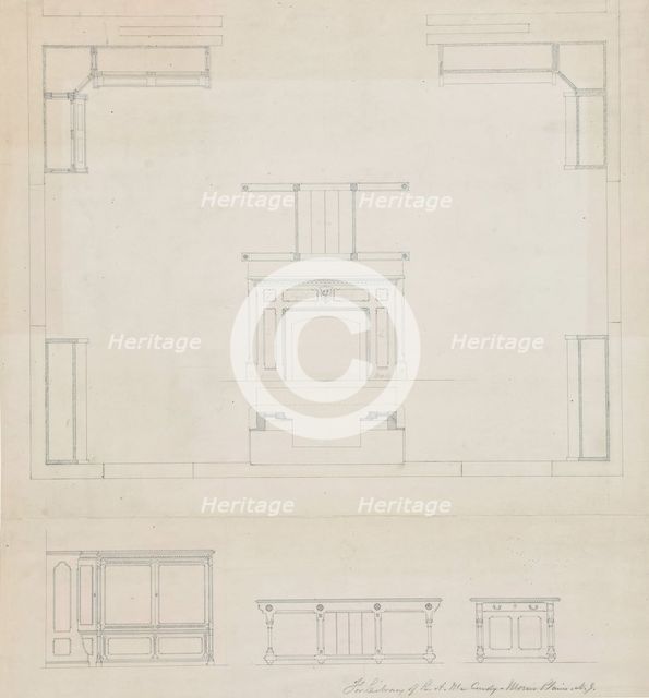 Library for R.A. McCurdy, Morris Plaines, New Jersey, Elevations of Mantel and Furniture, c. 1869. Creator: Peter Bonnett Wight.
