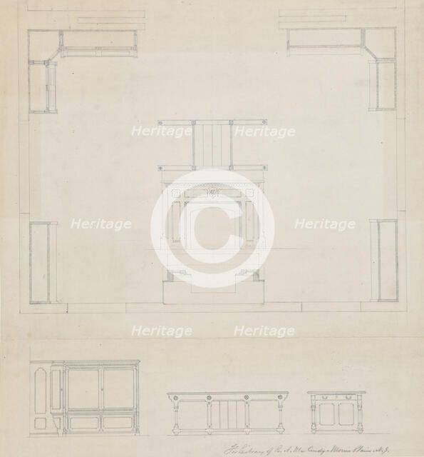 Library for R.A. McCurdy, Morris Plaines, New Jersey, Elevations of Mantel and Furniture, c. 1869. Creator: Peter Bonnett Wight.