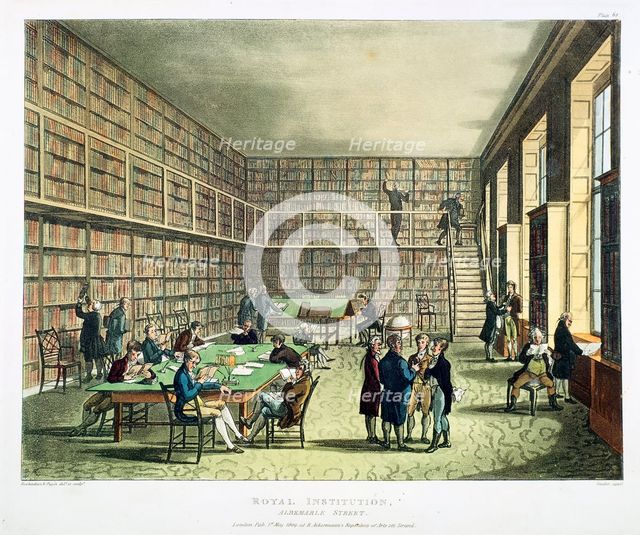 Library of the Royal Institution, Albermarle Street, London, 1808-1811. Creators: Thomas Rowlandson, Augustus Charles Pugin.