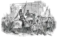 Lichfield "Greenhill Bower" on Whit-Monday - the Procession passing the Statue of Dr. Johnson, 1850. Creator: Unknown