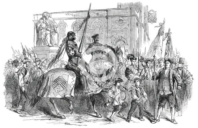 Lichfield "Greenhill Bower" on Whit-Monday - the Procession passing the Statue of Dr. Johnson, 1850. Creator: Unknown.