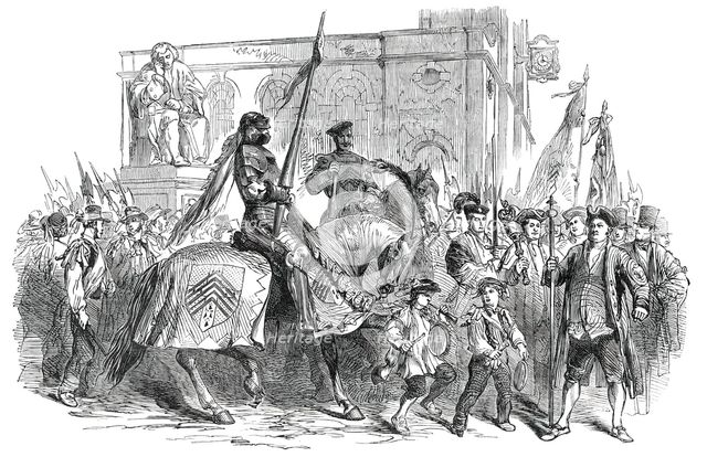 Lichfield "Greenhill Bower" on Whit-Monday - the Procession passing the Statue of Dr. Johnson, 1850. Creator: Unknown.