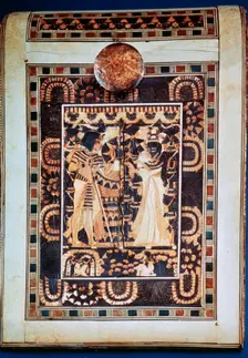Lid of a coffer showing Tutankhamun and his wife Ankhesenamun in a garden, 14th century BC