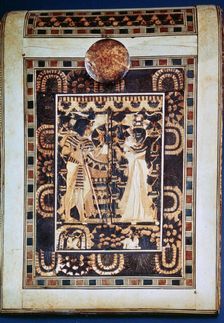 Lid of a coffer showing Tutankhamun and his wife Ankhesenamun in a garden, 14th century BC