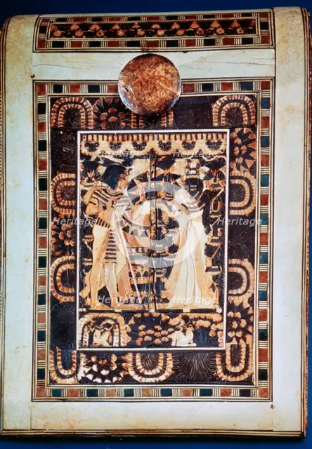 Lid of a coffer showing Tutankhamun and his wife Ankhesenamun in a garden, 14th century BC. Artist: Unknown