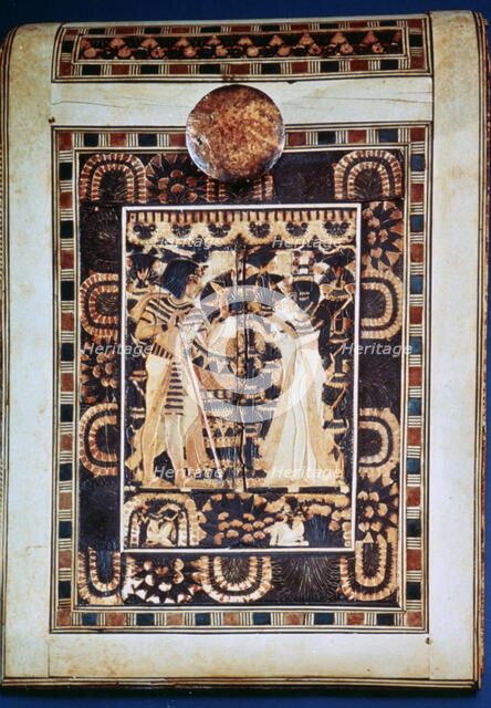 Lid of a coffer showing Tutankhamun and his wife Ankhesenamun in a garden, 14th century BC. Artist: Unknown