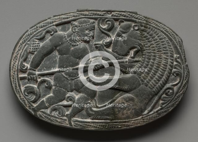 Lid with Combat between a Man and a Lion, c. 200s-300s. Creator: Unknown.