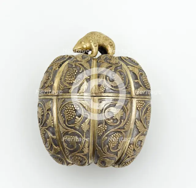 Lidded box in the form of a melon with grape..., Early or mid-Tang dynasty, late 7th-early 8th cent. Creator: Unknown.