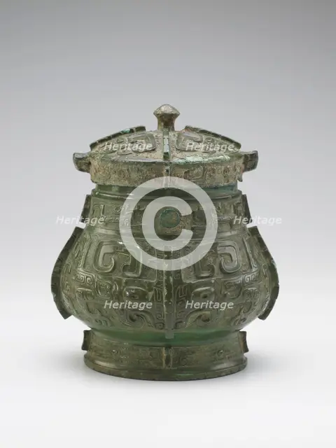 Lidded ritual wine container (you) with taotie and dragons, Late Shang dynasty, c1200-1100 BCE. Creator: Unknown.