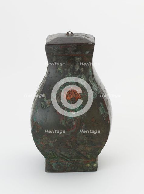 Lidded square ritual wine vessel (fanghu) with painted decoration, Han dynasty, 206 BCE-220 CE. Creator: Unknown.