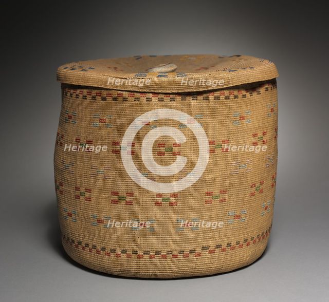 Lidded Twined Cylindrical Basket, late 1800 - early 1900. Creator: Unknown.