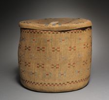 Lidded Twined Cylindrical Basket, late 1800 - early 1900. Creator: Unknown