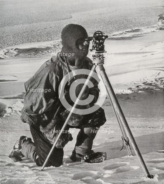 'Lieut. E. R. G. R. Evans Surveying With The Four-Inch Theodolite', October 1911, (1913).  Artist: Herbert Ponting.