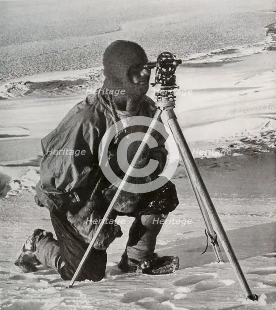 'Lieut. E. R. G. R. Evans Surveying With The Four-Inch Theodolite', October 1911, (1913).  Artist: Herbert Ponting.