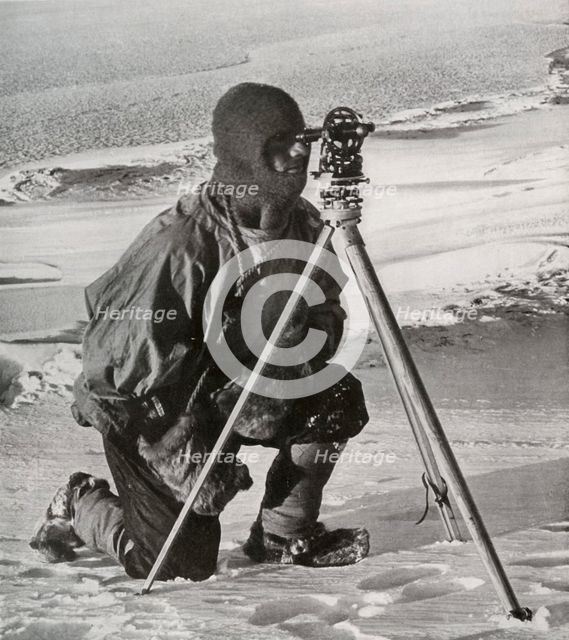 'Lieut. E. R. G. R. Evans Surveying With The Four-Inch Theodolite', October 1911, (1913).  Artist: Herbert Ponting.