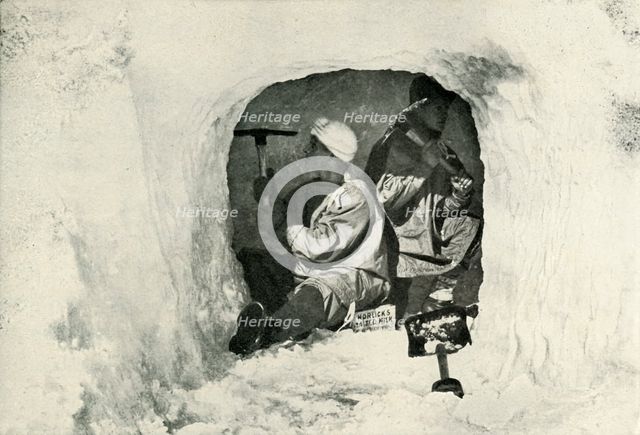 'Lieut. Evans and Nelson Cutting a Cave for Cold Storage', 12 January 1911, (1913). Artist: Herbert Ponting.