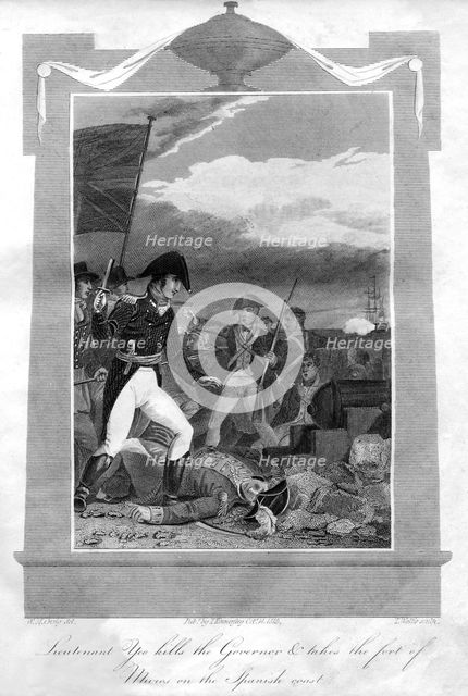 Lieutenant Yeo kills the governor and takes the fort of Muros on the Spanish coast, 1816. Artist: T Wallis