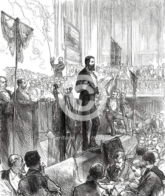 Lieutenant Cameron at the Meeting of the Royal Geographical Society, 1876. Creator: C.R..
