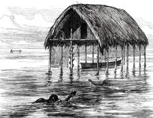 Lieutenant Cameron's Sketches in Central Africa: a lake dwelling on Lake Moheya, 1876. Creator: Unknown