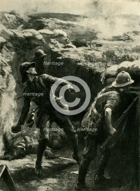 Lieutenant Forshaw throwing bombs continuously, Gallipoli, First World War, 1915, (c1920). Creator: Philip Dadd.