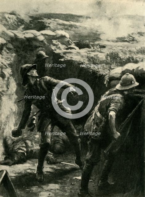Lieutenant Forshaw throwing bombs continuously, Gallipoli, First World War, 1915, (c1920). Creator: Philip Dadd.
