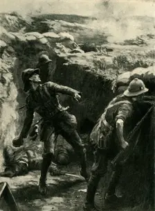 Lieutenant Forshaw throwing bombs continuously, Gallipoli, First World War, 1915, (c1920). Creator: Philip Dadd